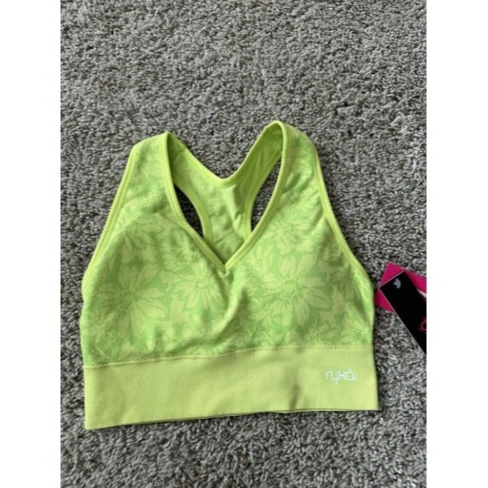 Ryka Womens Lime Green Floral Print Pull Over Sports Bra Size Medium Padded